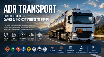ADR-transportlastbil som transporterar farligt gods på en europeisk motorväg med orange farligt gods-skyltar och säkerhetsmärkningar