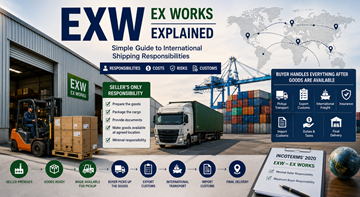 Internationella transport- och lagerlogistikprocesser som förklarar EXW Ex Works-leveransvillkor i global handel