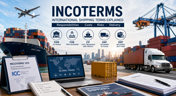 Internationell godstransport med containrar, lastbilar, fartyg och logistikpersonal som förklarar Incoterms för global handel